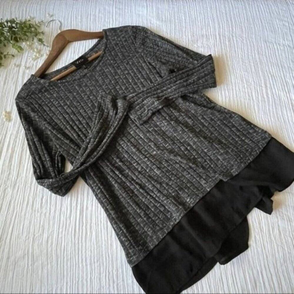 W5 Ribbed Top XL Black Long Sleeve Sheer Hem Casual Womens